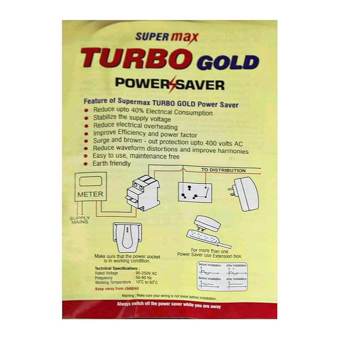 Super Max Turbo Gold Power Saver Electricity Saving Device (ISI) 40% Save Upto Electricity – Pack of 1 Multicolor (Original)